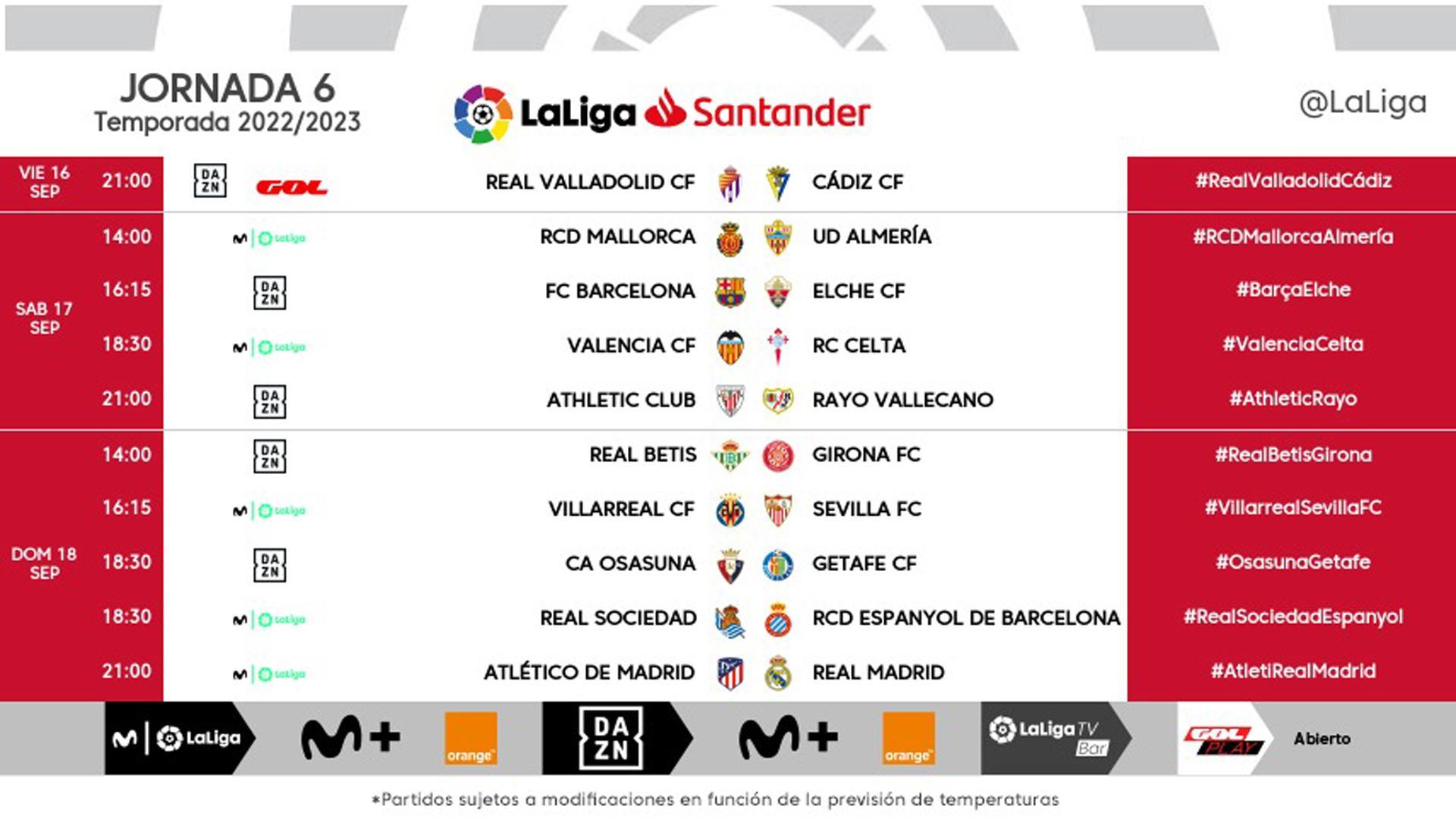 Horarios de la sexta jornada de LaLiga Santander