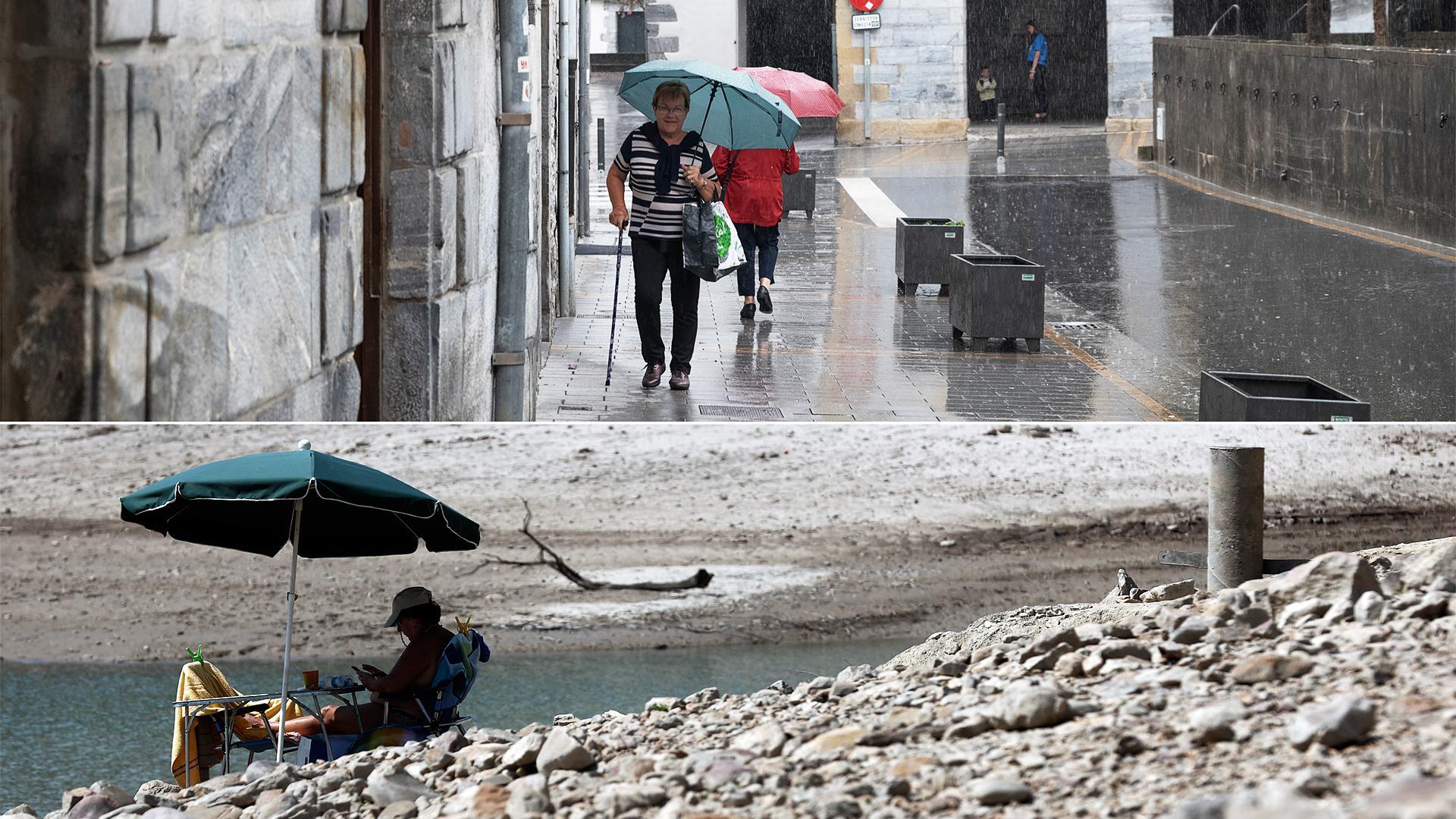 Arriba, una mujer se protege con su paraguas de la lluvia en la plaza Zaharra de Lesaka; abajo, Una persona se protege del sol con una sombrilla en el embalse de Yesa