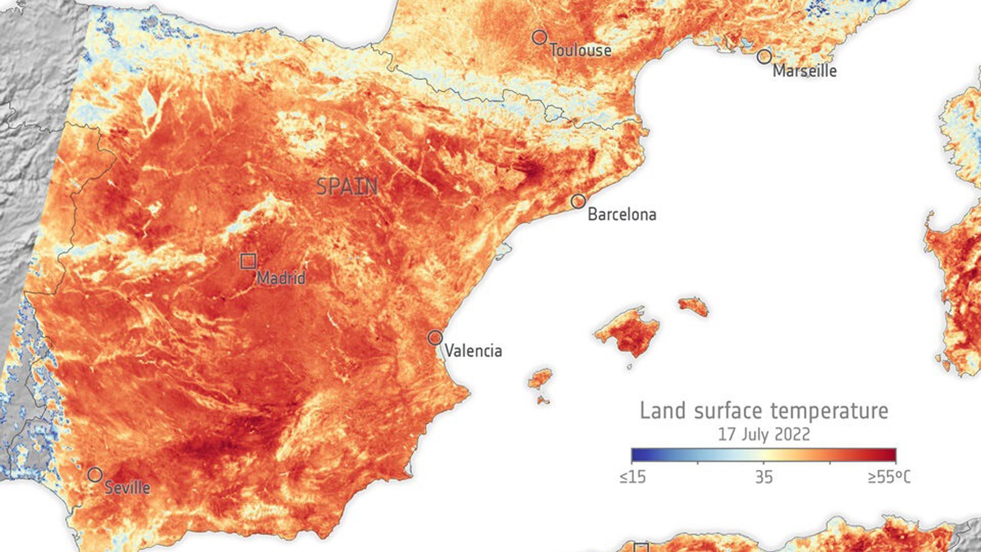 La imagen muestra las temperaturas que se alcanzaron en la superficie del suelo en el norte de África, España y sur de Francia el pasado 17 de julio