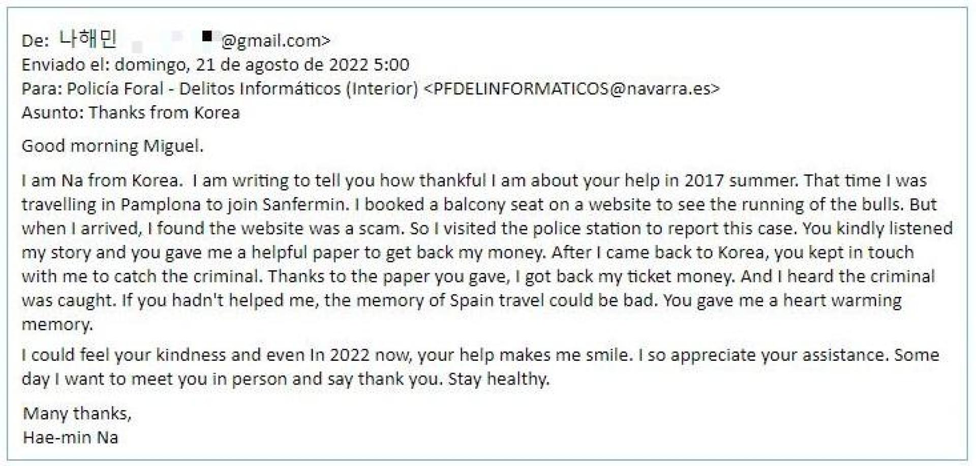Mail de agradecimiento del turista coreano