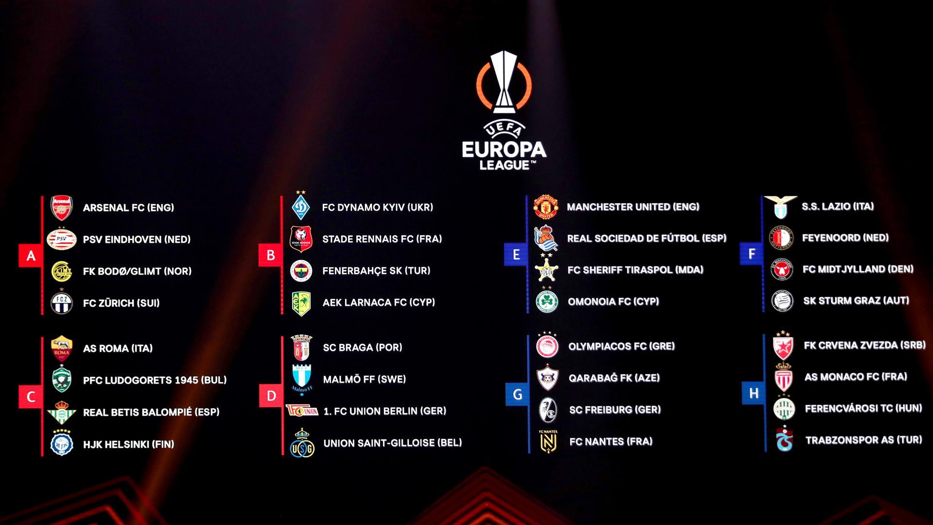 Composición final de los grupos de la Europa League, competición en la que toman parte la Real Sociedad y el Betis