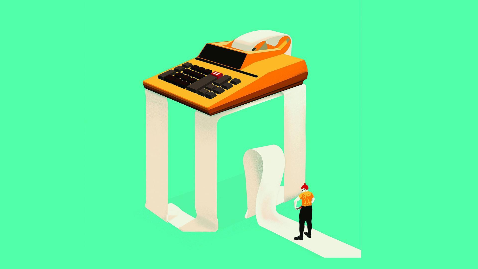 Ilustración de Alba Pocurrull de una mujer con una calculadora al lado