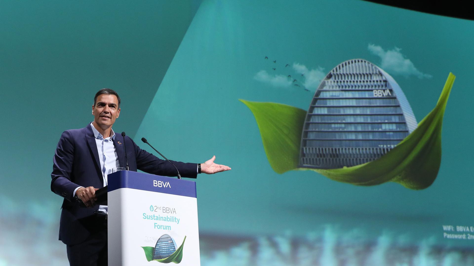 Pedro Sánchez, durante su intervención en el BBVA Sustainability Forum