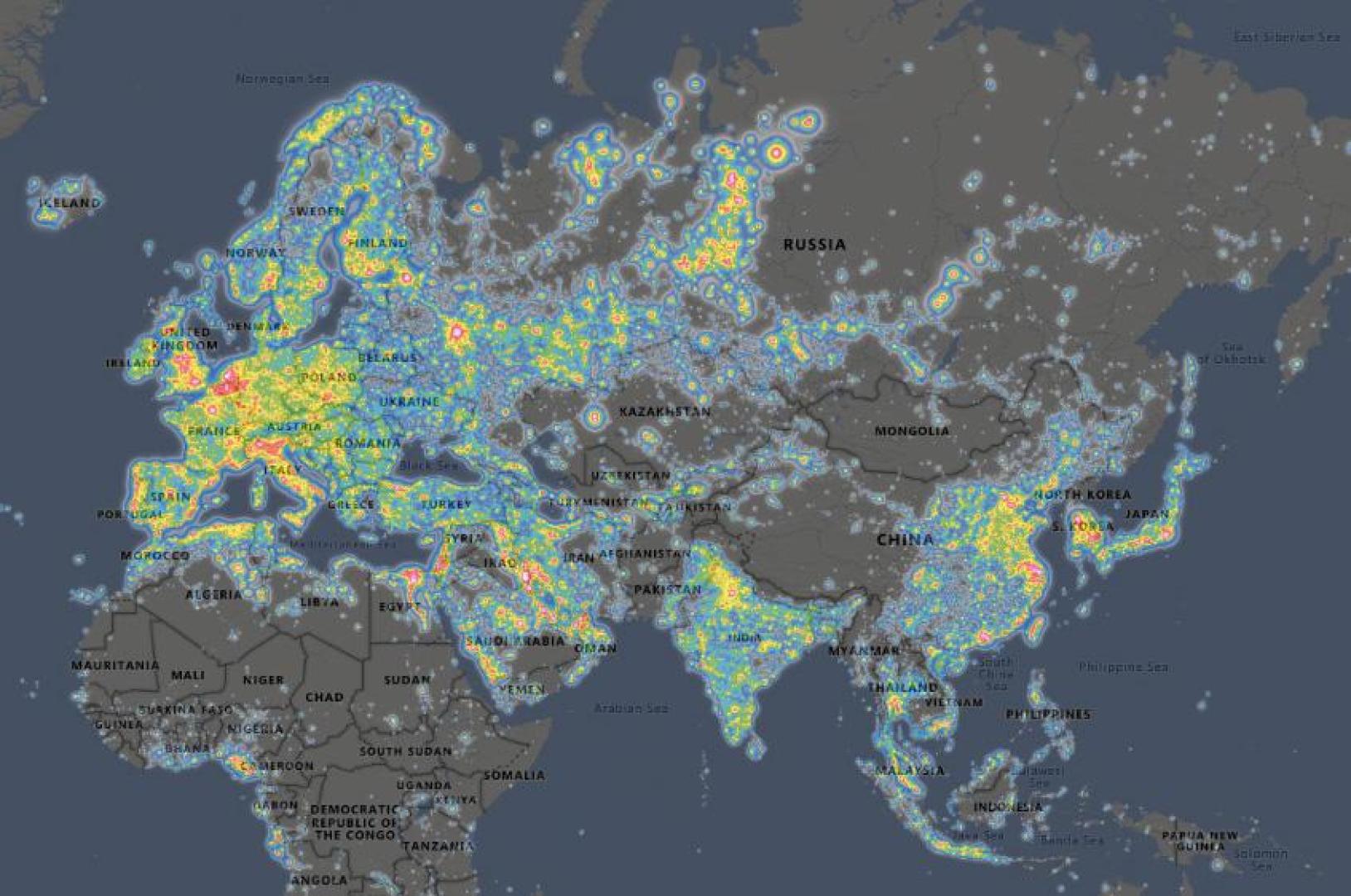Focos de contaminación lumínica en Europa, Asia y el norte de África