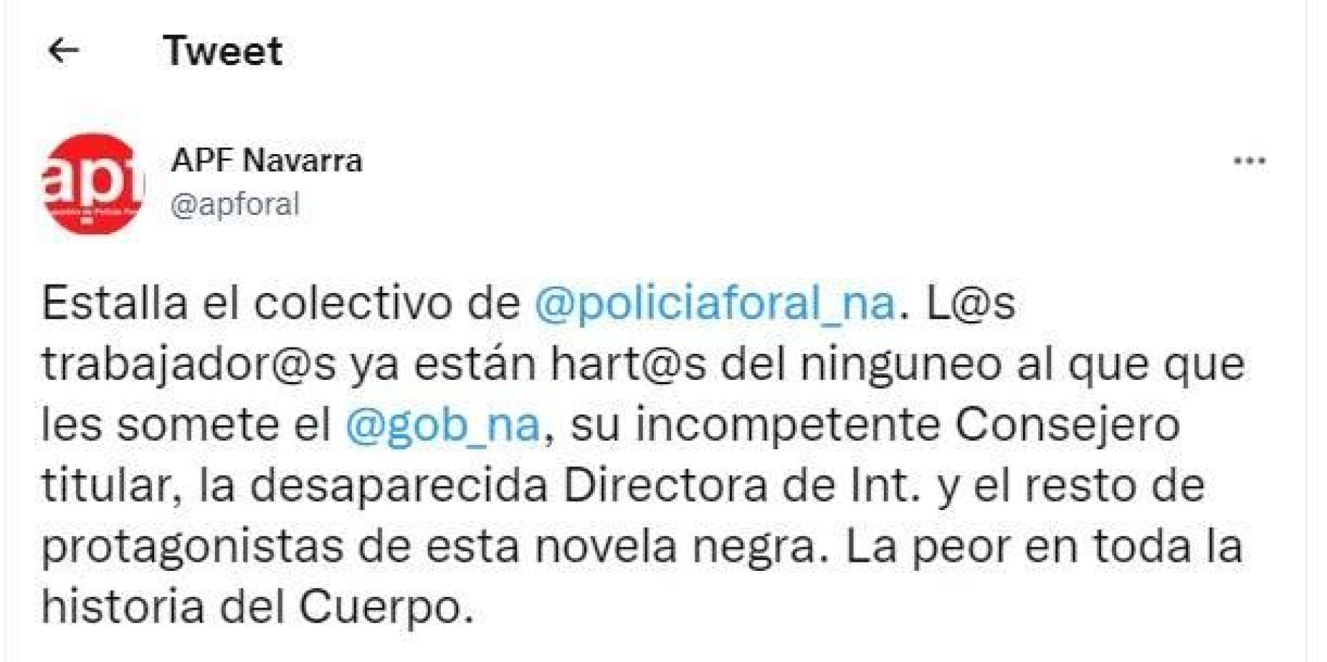 Tuit de los sindicatos de Policía Foral