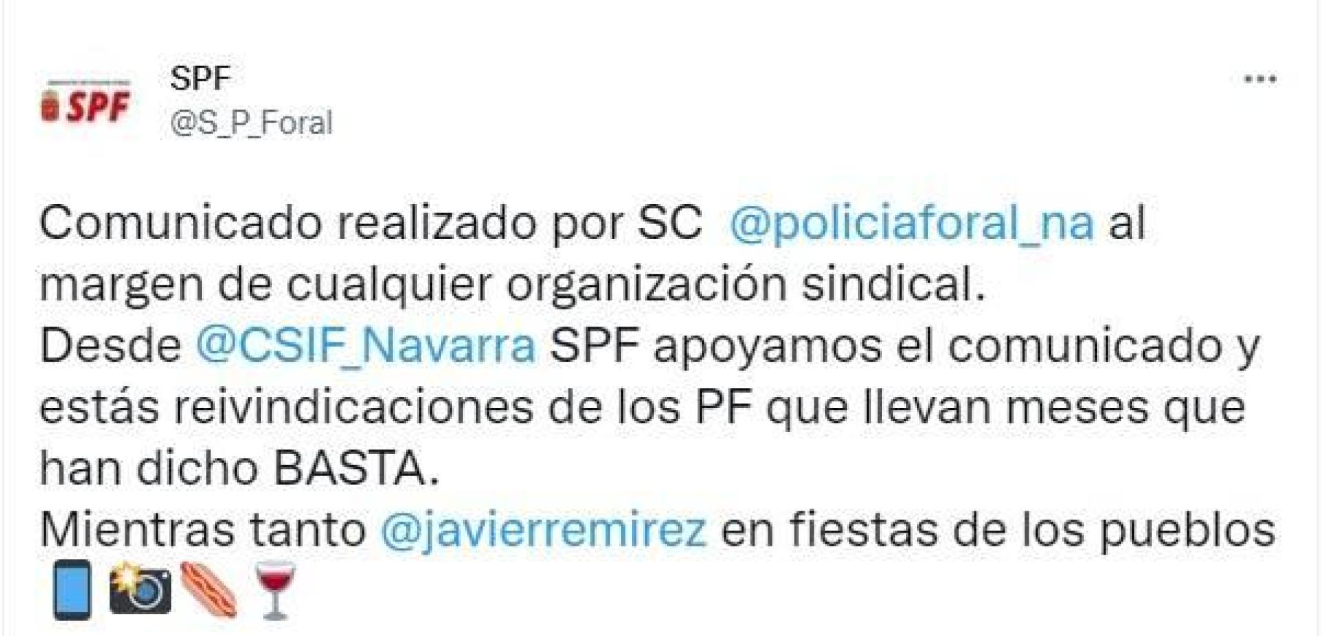 Tuit de los sindicatos de Policía Foral