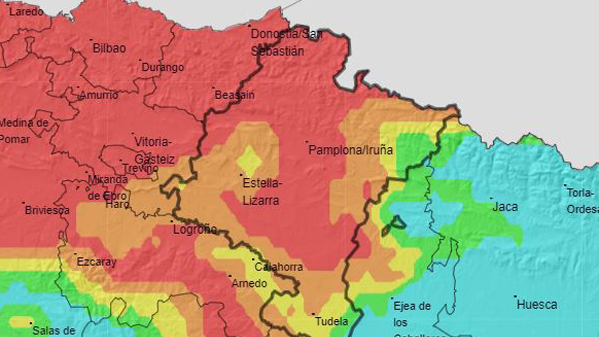 Mapa de AEMET con el riesgo alto de incendio en Navarra