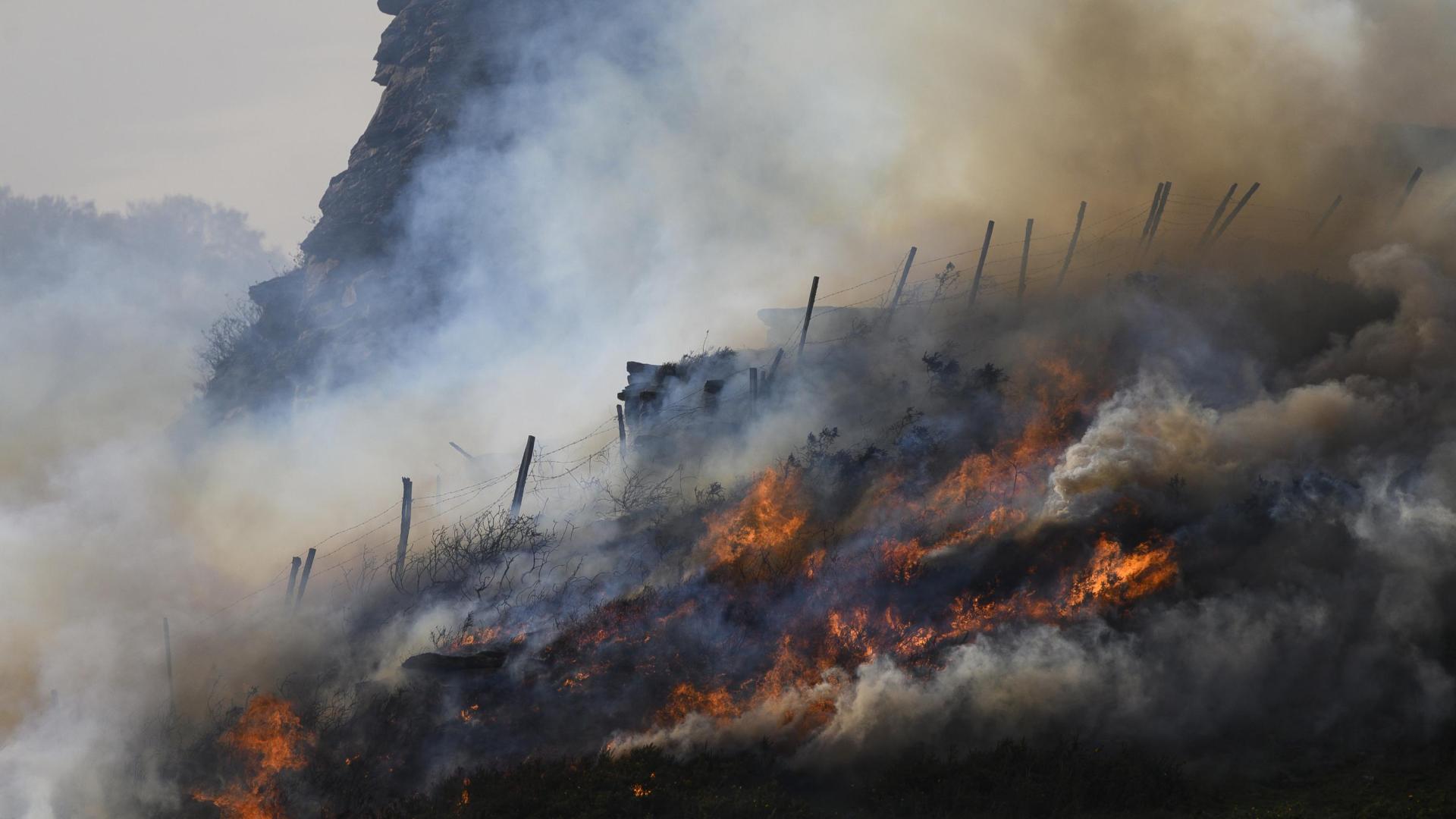 Vista del incendio forestal declarado este viernes en la localidad cántabra de Barcena de Pie de Concha