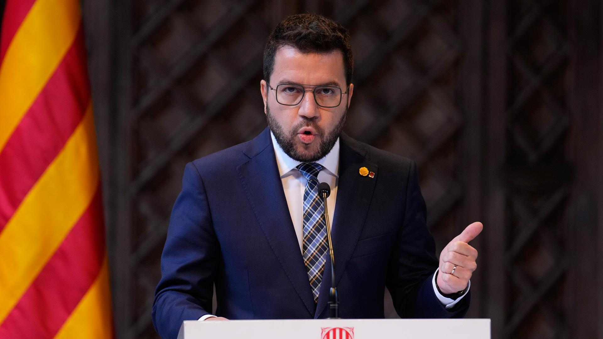 El presidente de la Generalitat, Pere Aragonès, durante la declaración que ha realizado este viernes en el Palau de la Generalitat