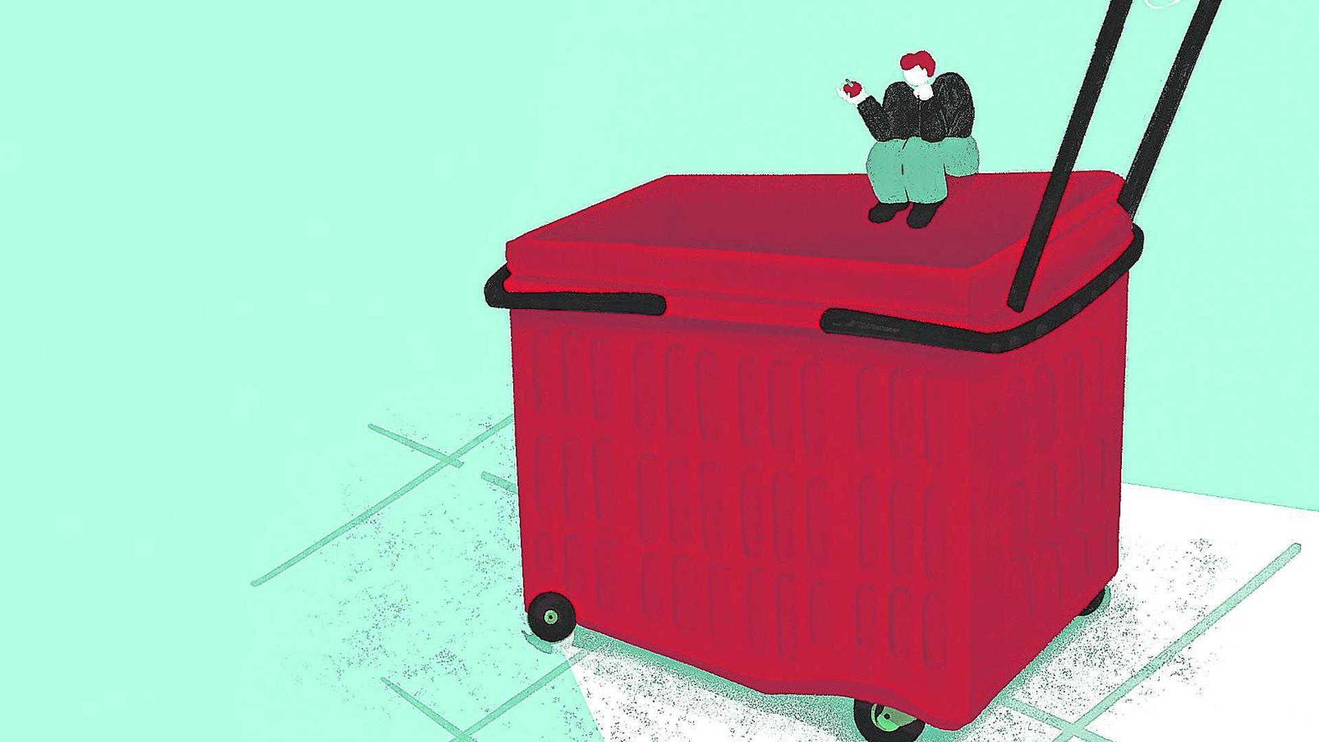Ilustración de un carro de la compra con una persona encima