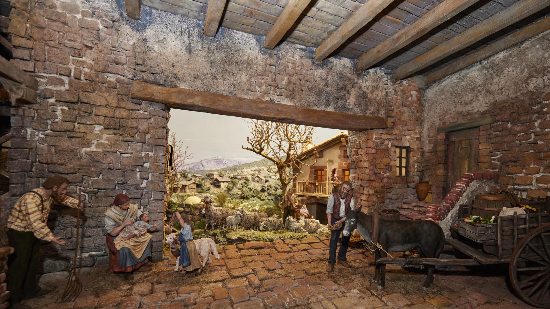Imagen del belén del zaguán del Ayuntamiento, con una escena de la montaña navarra de principios del siglo XX