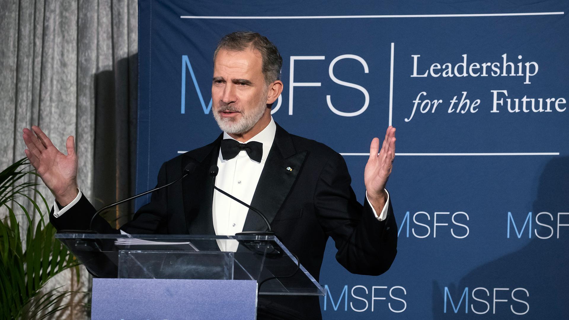 El rey Felipe VI, durante su discurso en la cena de gala del centenario del Master of Science in Foreign Service (MSFS), en la Universidad de Georgetown, en Washington