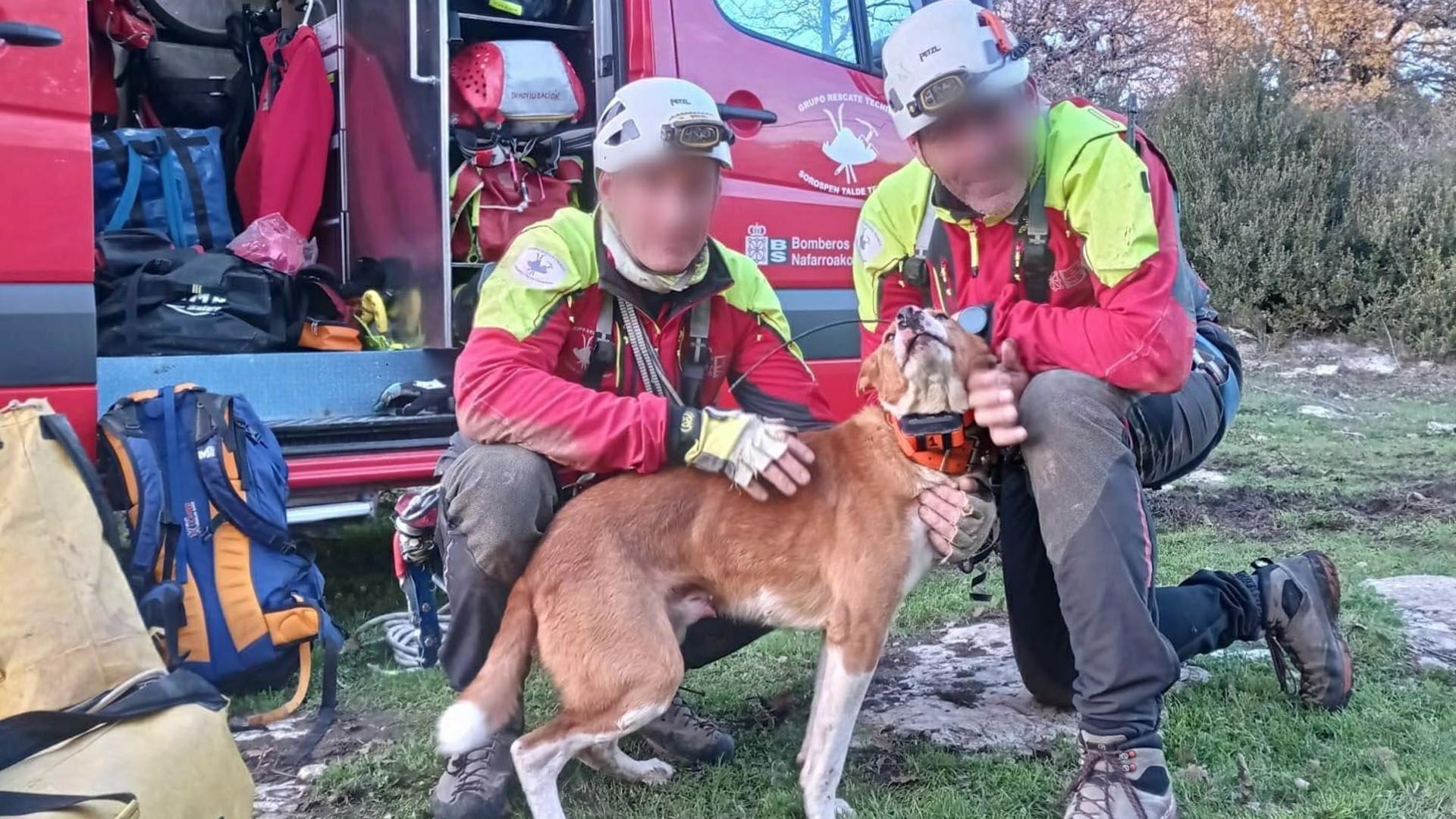 Dos bomberos, con el perro rescatado