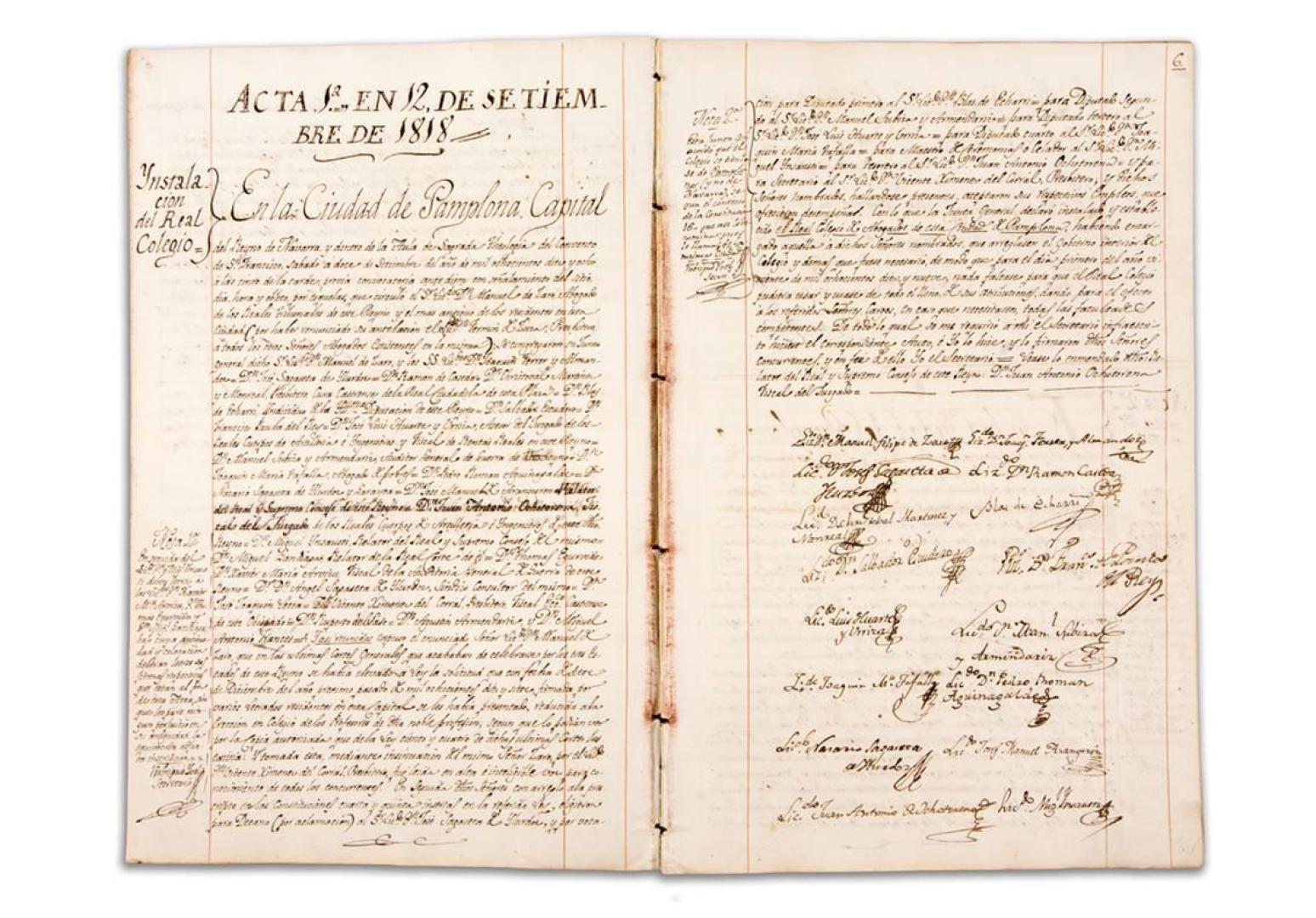 Acta de la instalación del Muy Ilustre Colegio de Abogados de Pamplona en 1818