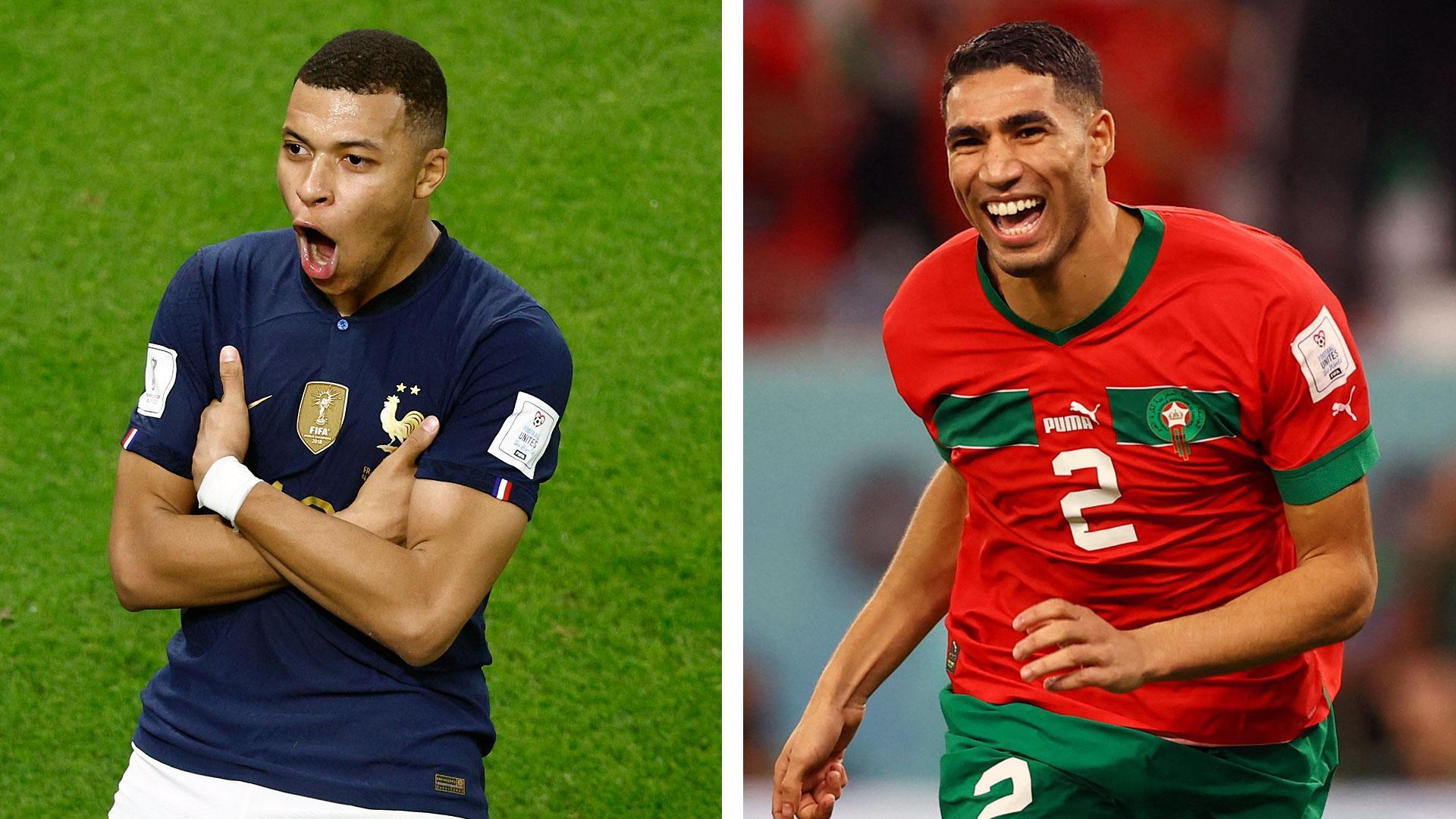 Mbappé y Hakimi, compañeros en el PSG, con las camisetas de sus respectivas selecciones, Francia y Marruecos