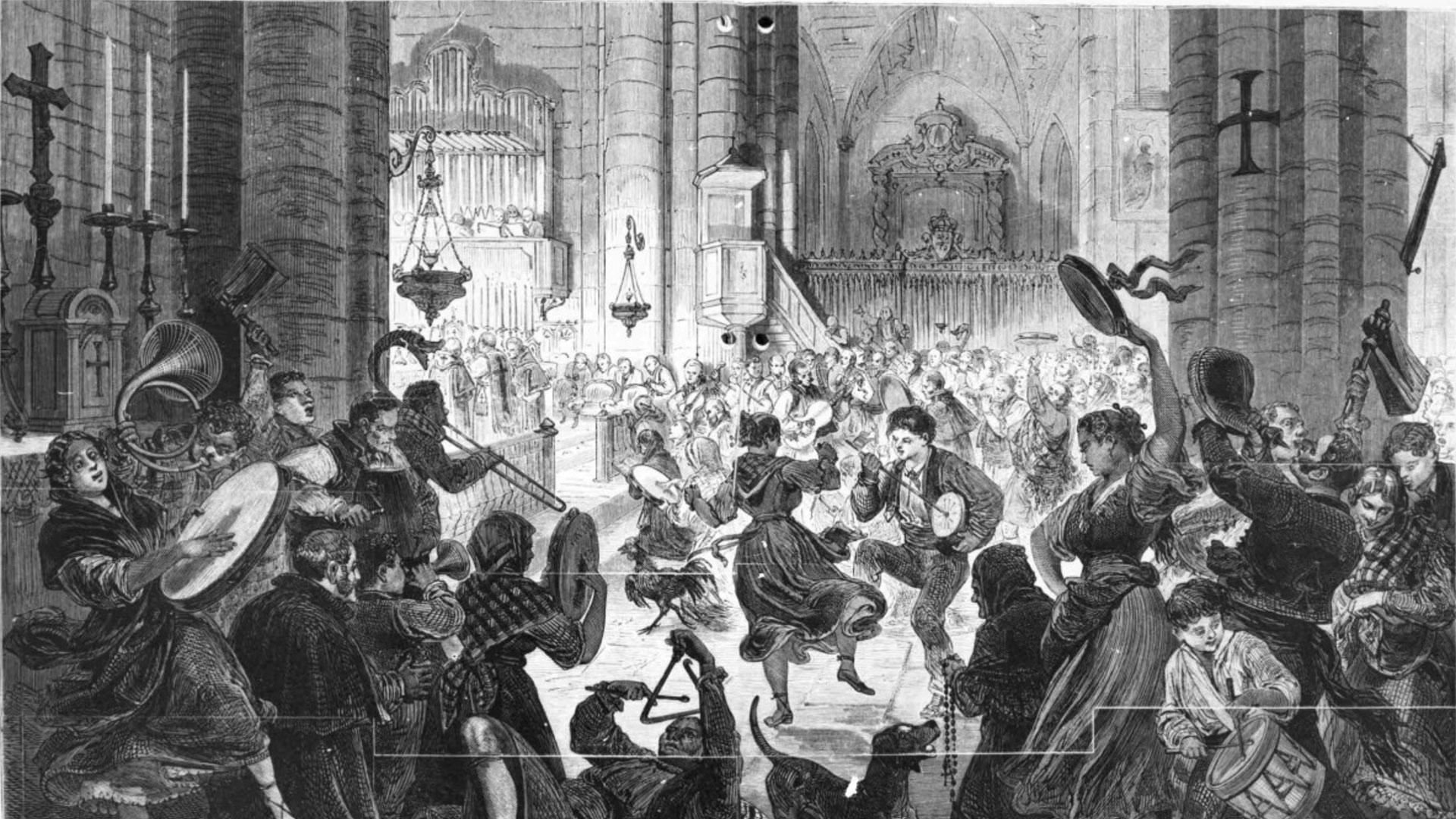 Noche de Navidad en el interior de una iglesia española, por M. Miranda, publicada en 1873 en la revista francesa L’Illustration