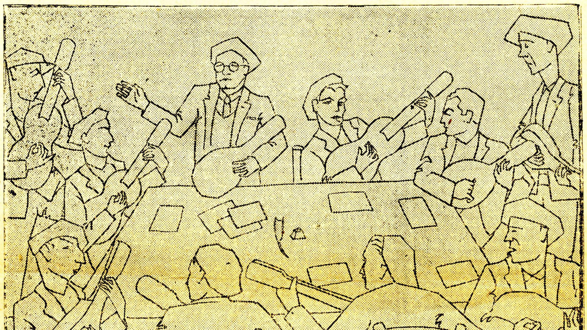 Pelairea dirigiendo una rondalla en Fitero, según una caricatura de Florentino Andueza de los años veinte del siglo pasado
