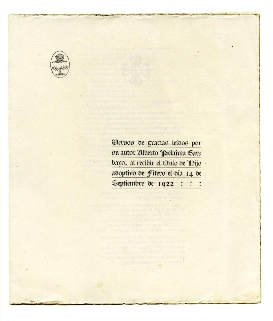 Portadilla del díptico con los versos que el poeta leyó el día de su nombramiento como Hijo Adoptivo de Fitero, 14 de septiembre de 1922