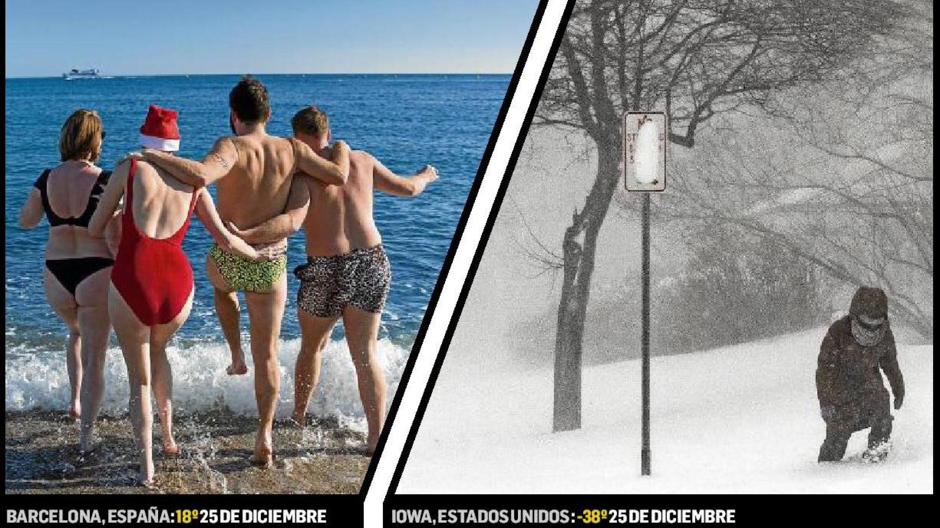 En la izquierda, un grupo de personas disfruta en la playa de Barcelona el 25 de diciembre. En la derecha, en Iowa, Estados Unidos, una persona intenta caminar en la nieve
