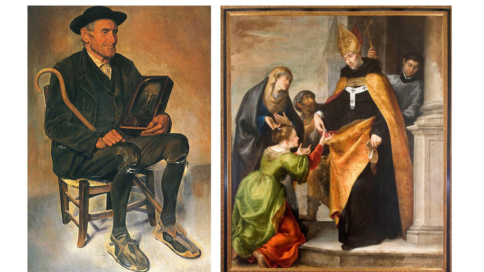 A la izquierda, Cristero, obra de Miguel Pérez Torres (c. 1918-1919) del Ayuntamiento de Tudela. A la derecha, Lienzo de santo Tomás de Villanueva por Francisco Camilo en las Agustinas Recoletas de Pamplona, mediados del siglo XVII. Foto J. L. Larrión