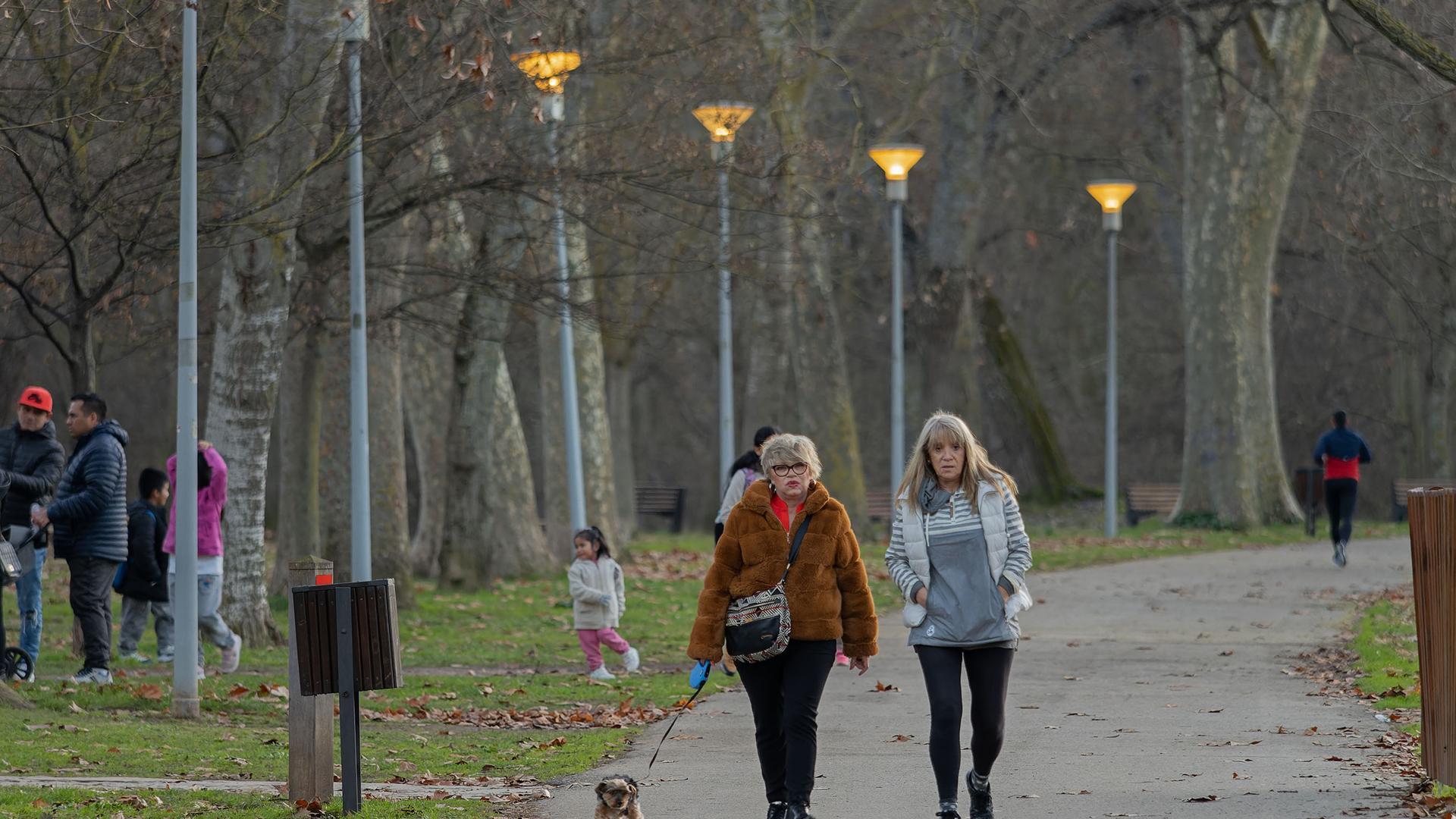 Personas paseando entre los árboles del parque de Los Llanos.