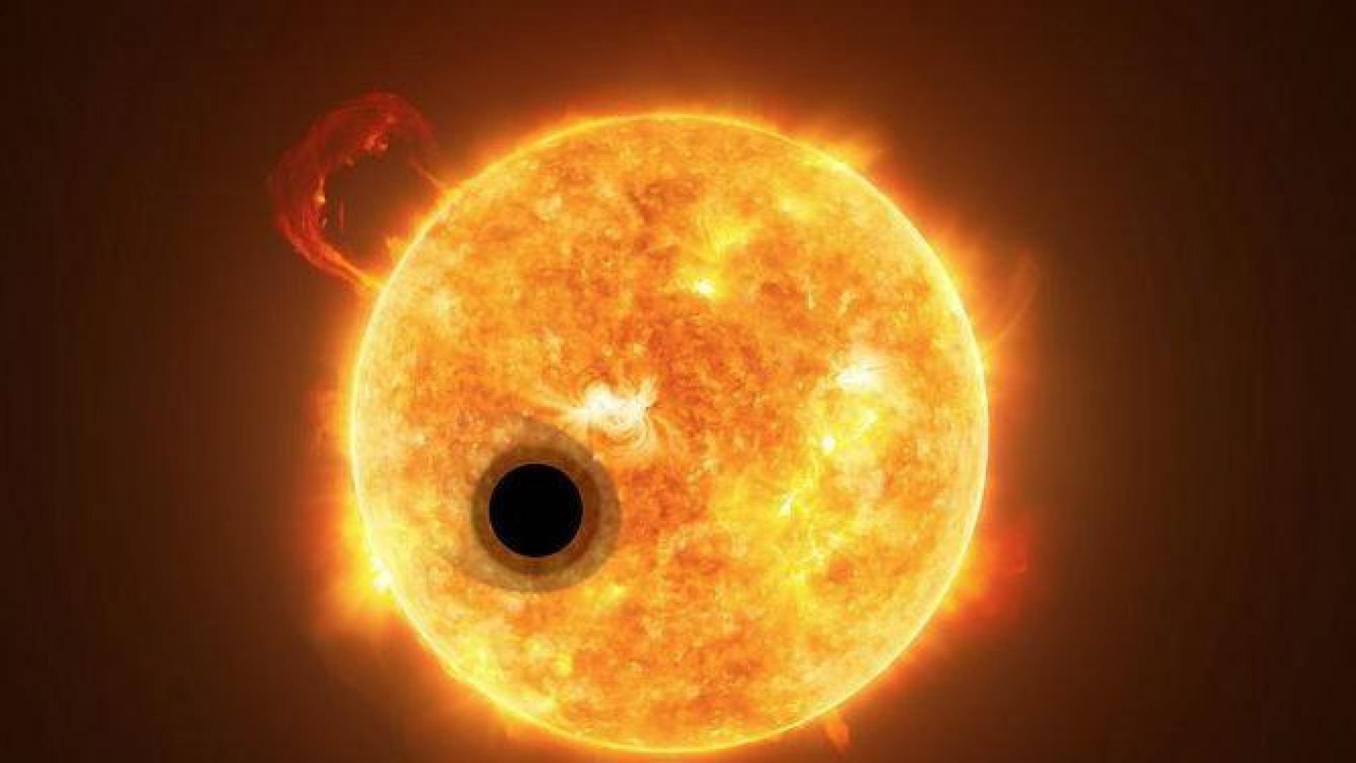 Representación artística de un exoplaneta en tránsito con una cola de helio en fuga