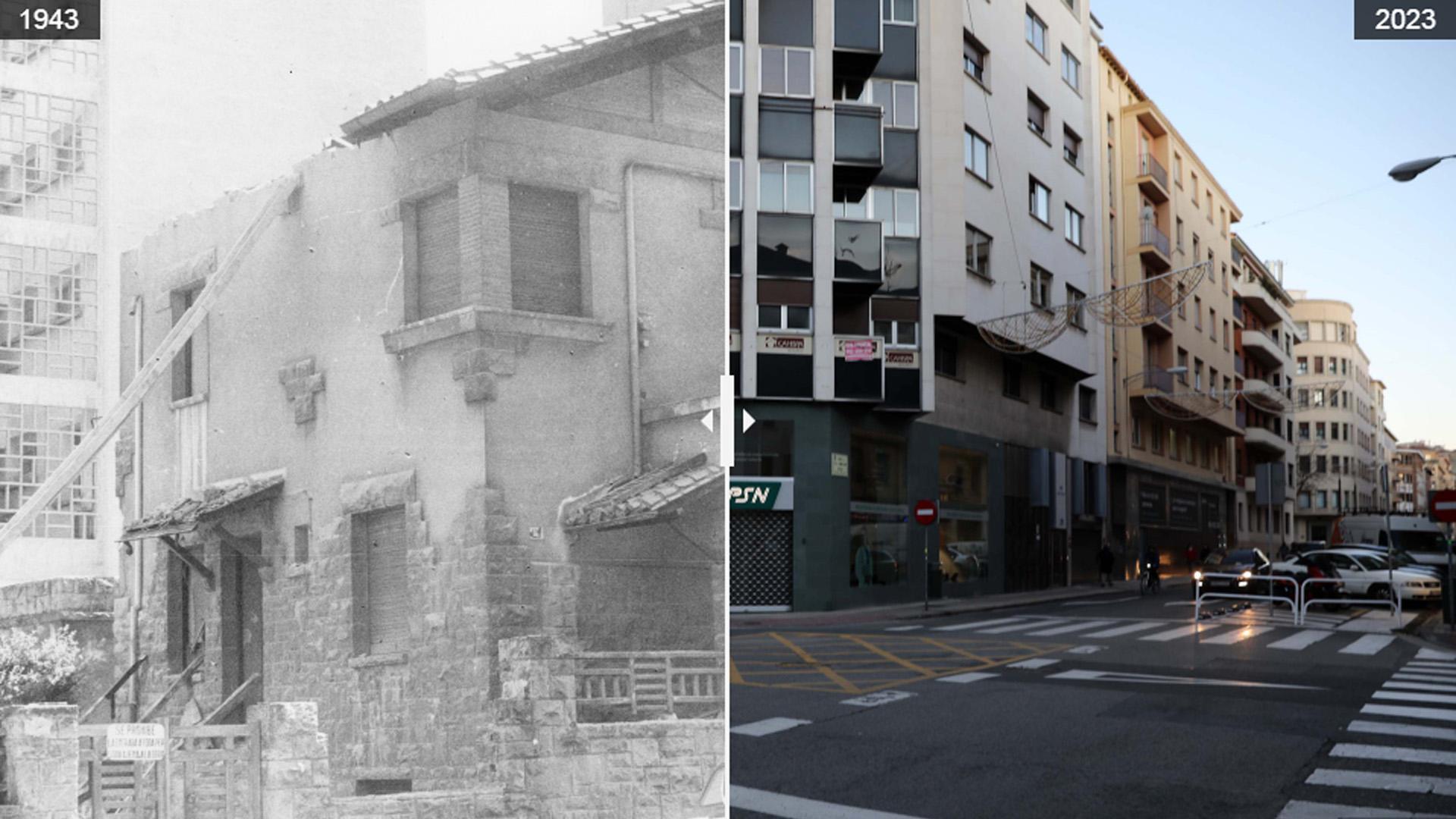 El chalet del doctor Cifrián, a la izquierda, y el edificio de viviendas que hace esquina con la calle Navarro Villoslada en la actualidad, a la derecha