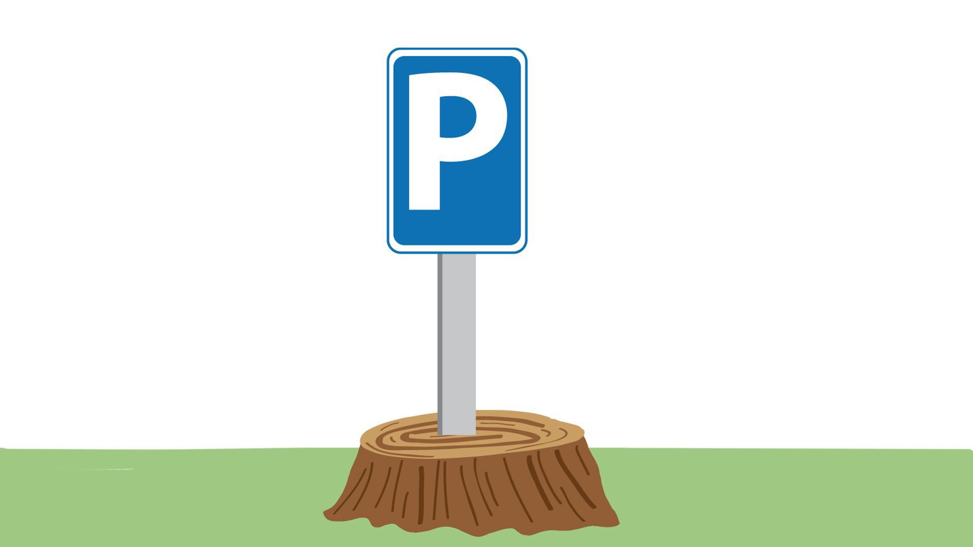 Ilustración de un árbol cortado junto a una señal de parking