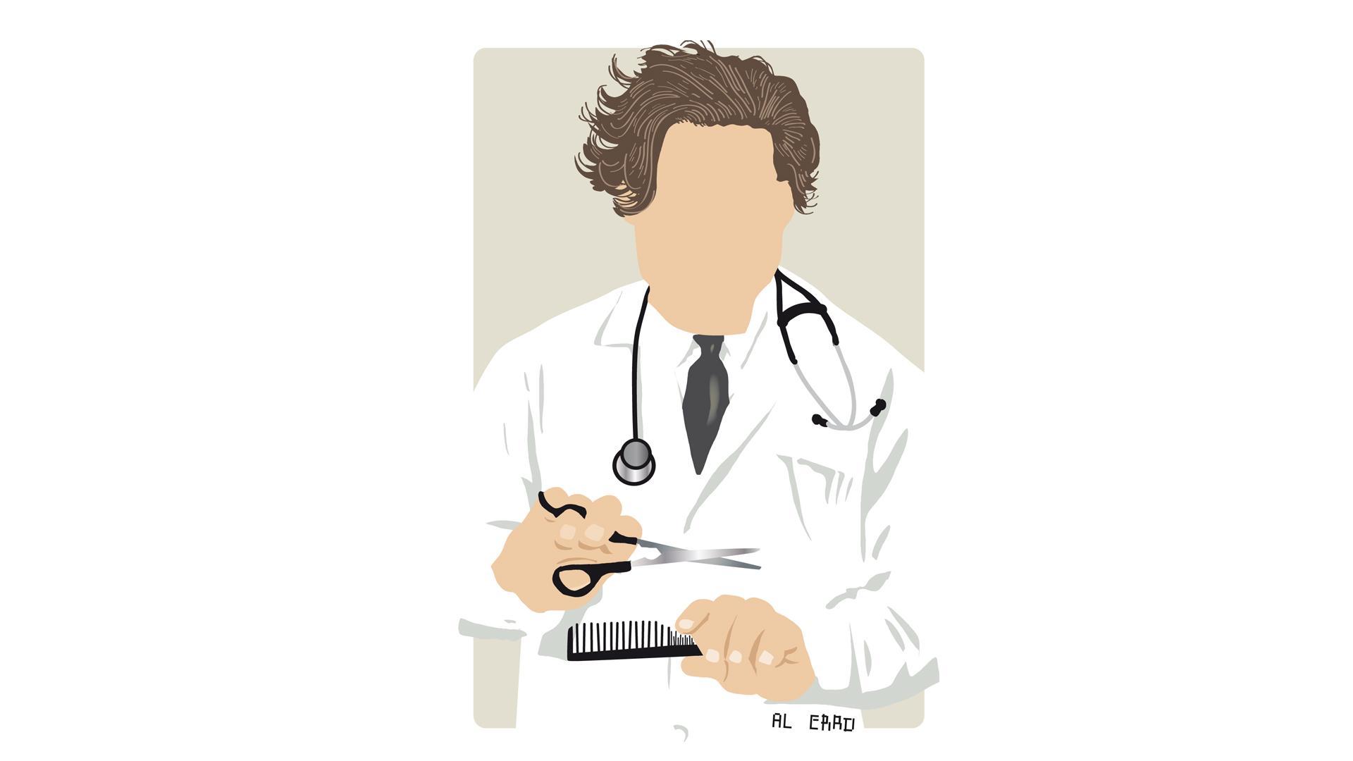 Ilustración de un médico con material de peluquero