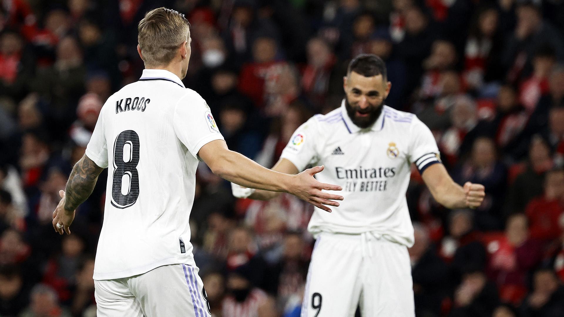 Kroos y Benzema celebran un tanto anotado en un choque anterior del Real Madrid.