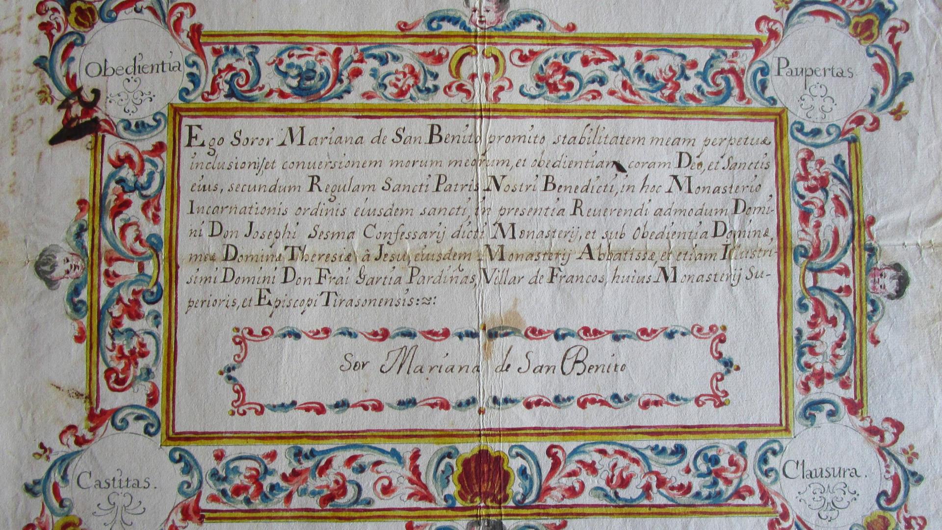 Carta de profesión de Ana María Iriarte y Estañán (1714-1786), que profesó en las Benedictinas de Corella, en 1723, con nombre en el claustro de María Ana de San Benito