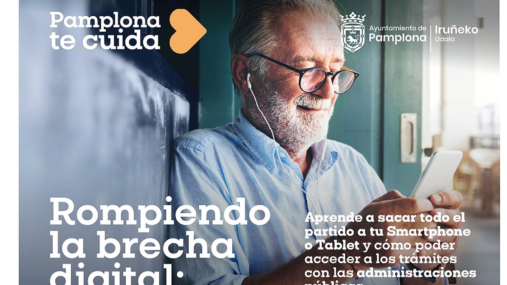 Cartel con el taller del Ayuntamiento de Pamplona 'Rompiendo la brecha digitl'.