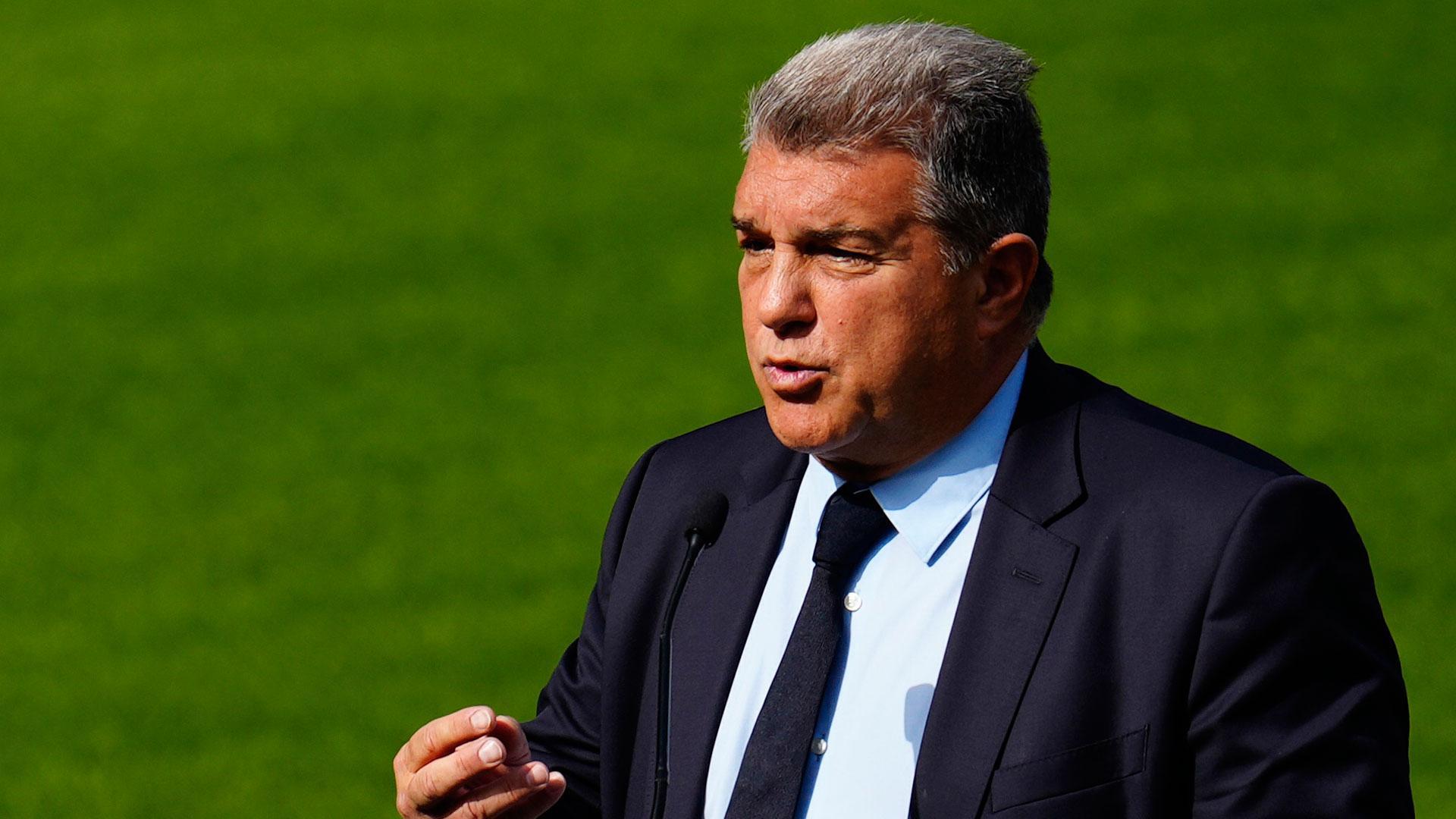 El presidente del FC Barcelona, Joan Laporta, en la presentación del sistema Kuppel de seguridad aérea, tras la cual aseguró que "en breve" dará "todas las explicaciones necesarias", respecto al caso Negreira