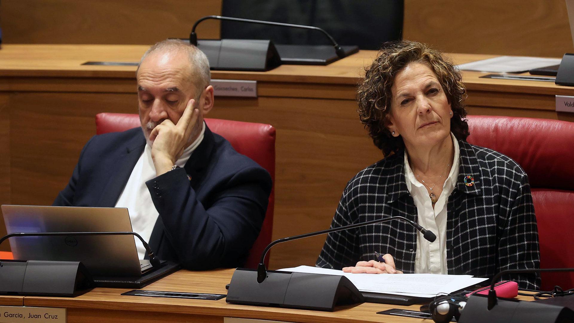 Los consejeros Cigudosa y Gómez, durante el pleno de este jueves en el Parlamento foral