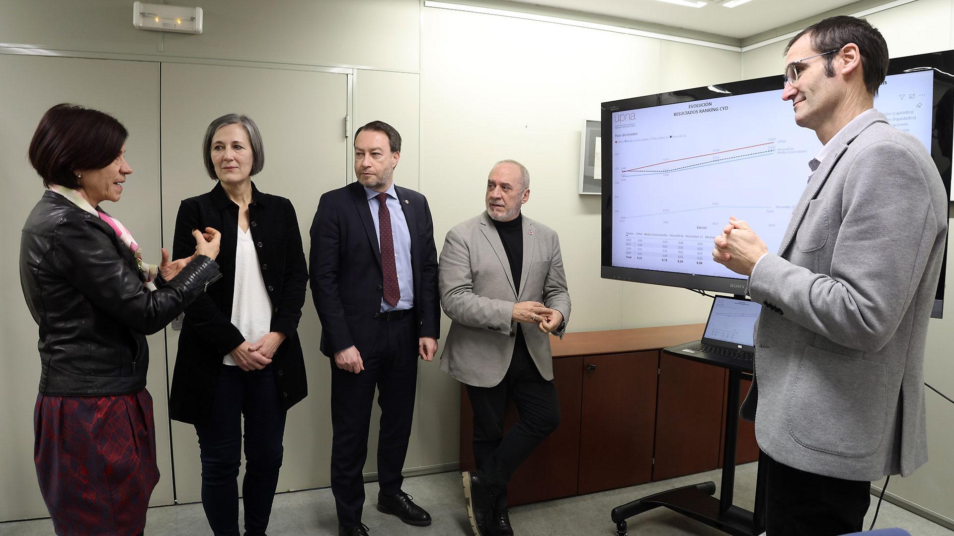 De izda a dcha: Edurne Barrenechea, vicerrectora de Desarrollo Digital de la UPNA; Ana Burusco, directora general de Universidad; Ramón Gonzalo, rector de la UPNA; Juan Cruz Cigudosa, consejero de Universidad, Innovación y Transformación Digital; y Martín Larraza, vicerrector de Economía, Planificación y Estrategia de la UPNA