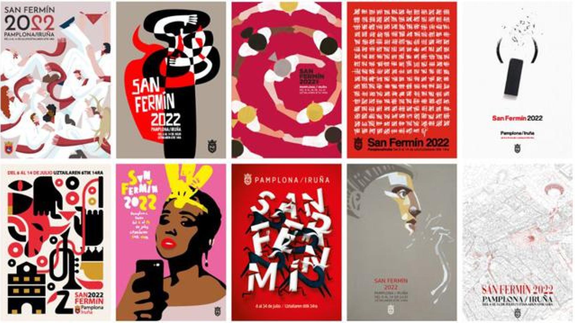 Carteles finalistas en el concurso de San Fermín 2022. El primero por la izquierda en la fila superior fue el ganador