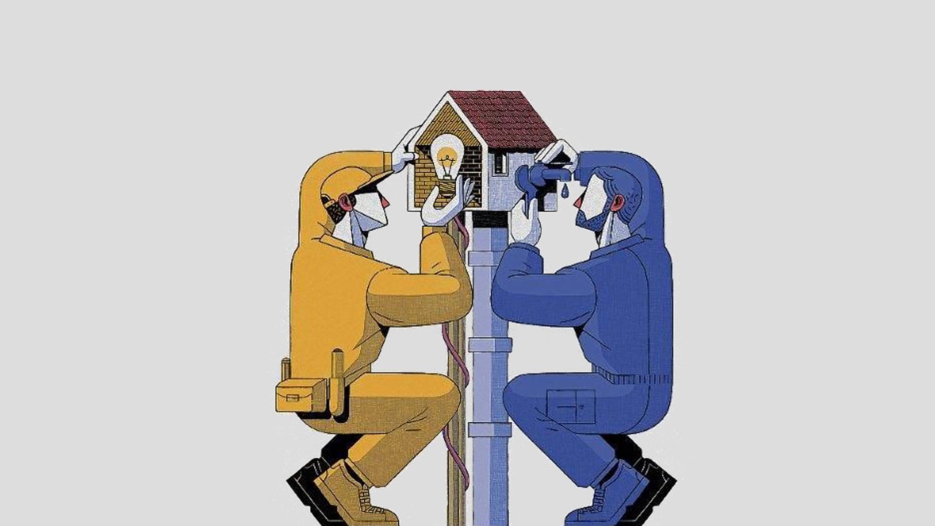 Ilustración de dos personas poniéndole una bombilla a una casa