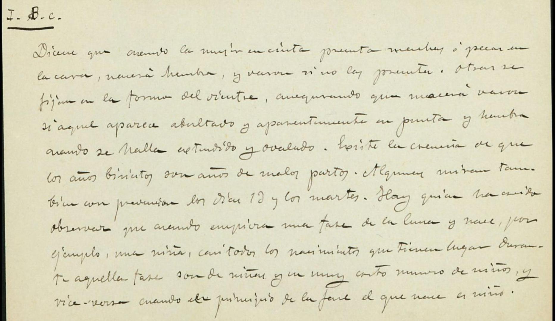 Respuesta manuscrita de Florencio Onsalo a la siguiente pregunta: vaticinios respecto del sexo y cómo se hacen: creencias acerca de la influencia del año, mes, día, hora y fase de la luna en que ocurra el nacimiento.