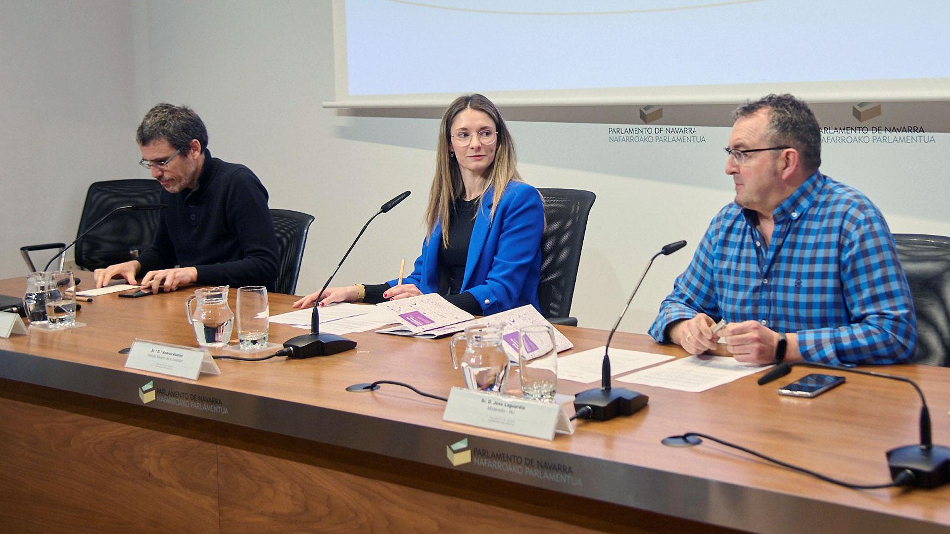 De Izda a dcha: Ruben Lasheras, profesor investigador de la UPNA; Andrea Guiñón, socióloga del INJ; y Josu Laguardia, jefe de la Sección de Acciones Transversales y Observatorio joven del INJ