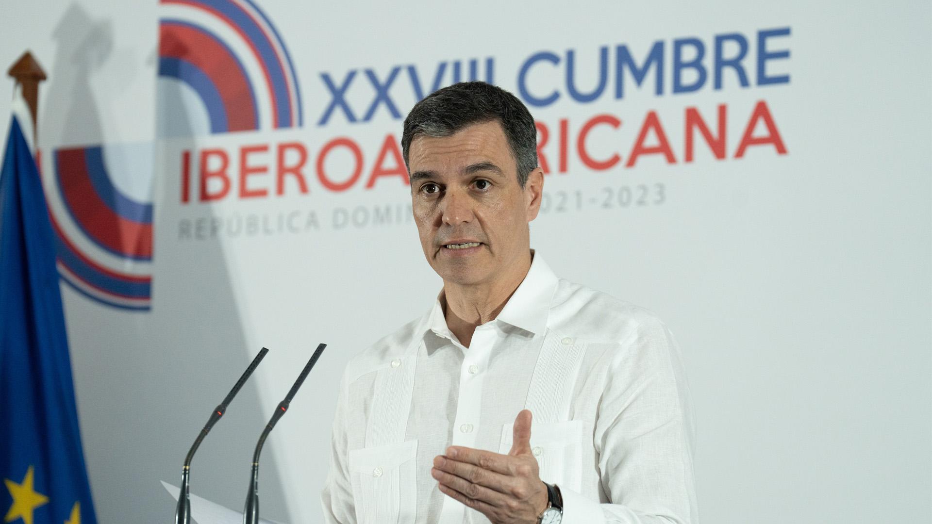 El presidente del Gobierno, Pedro Sánchez, en rueda de prensa al término de la Cumbre Iberoamericana en Santo Domingo

26/03/2023