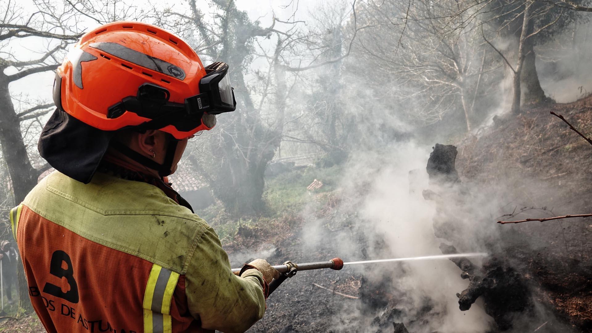 Un bombero trabaja en la extinción de un incendio forestal en Toraño, Parres (Asturias)