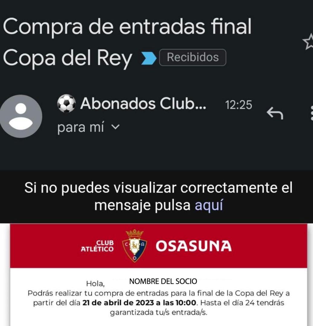 Modelo de correo electrónico recibido por una socia del C.A. Osasuna