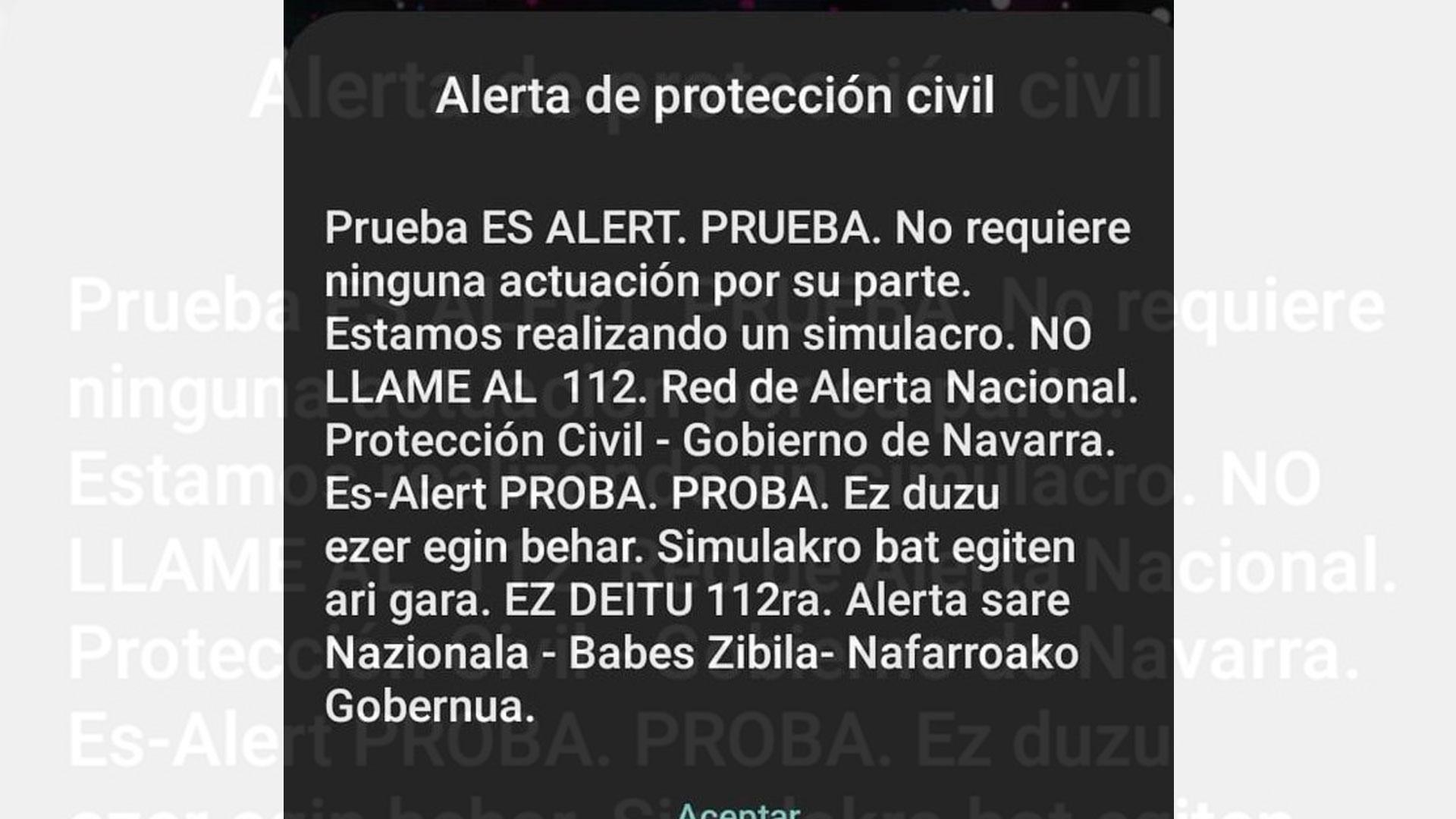 Imagen de la información que se ha enviado a los móviles de miles de navarros