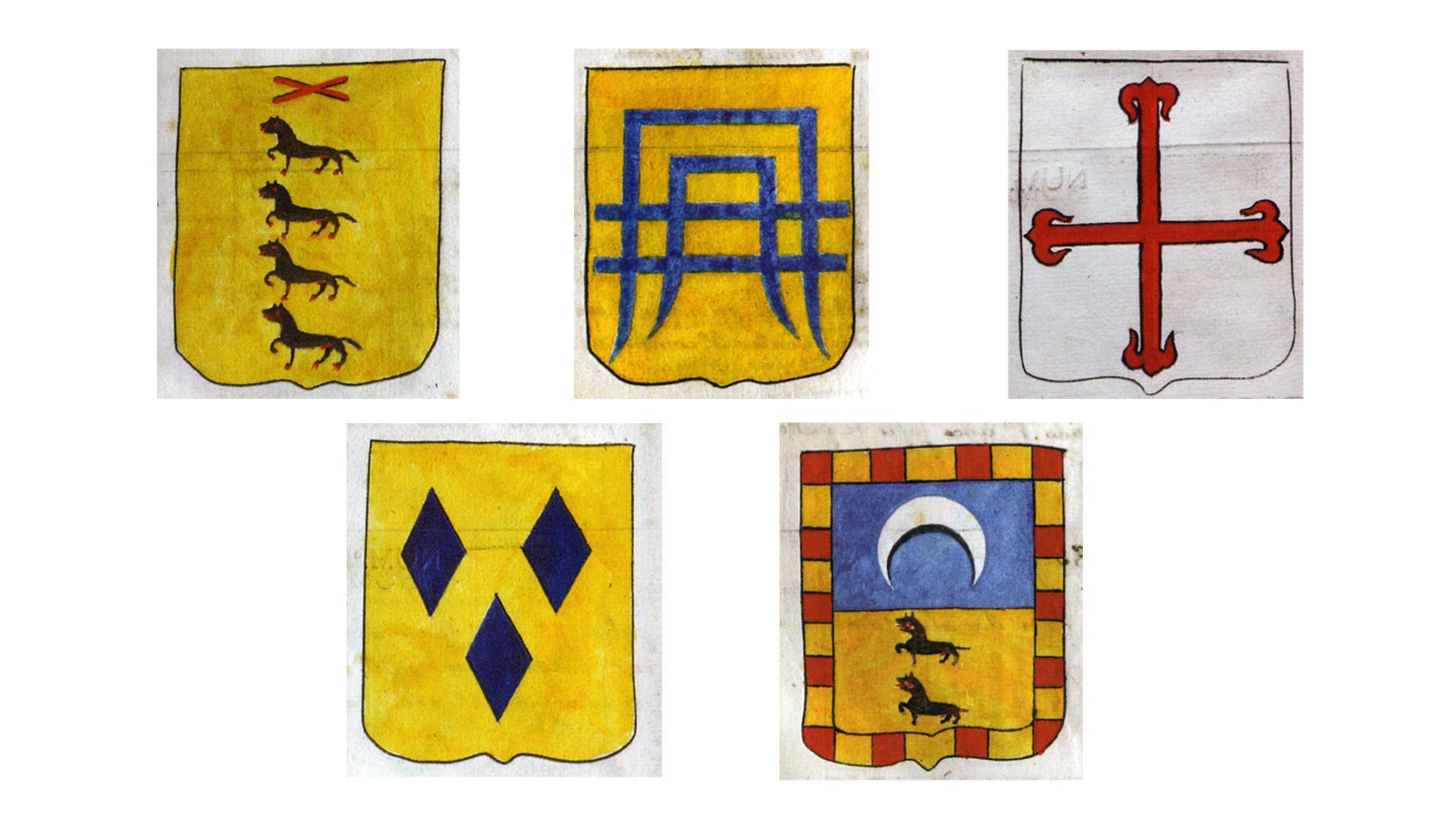 Primera fila, de izq. a dcha.: escudo de Ollacarizqueta, escudo de Sarasa, escudo de Mañeras. Segunda fila, de izq. a dcha.: escudo de Oárriz, escudo de Olza y Ochoa de Olza