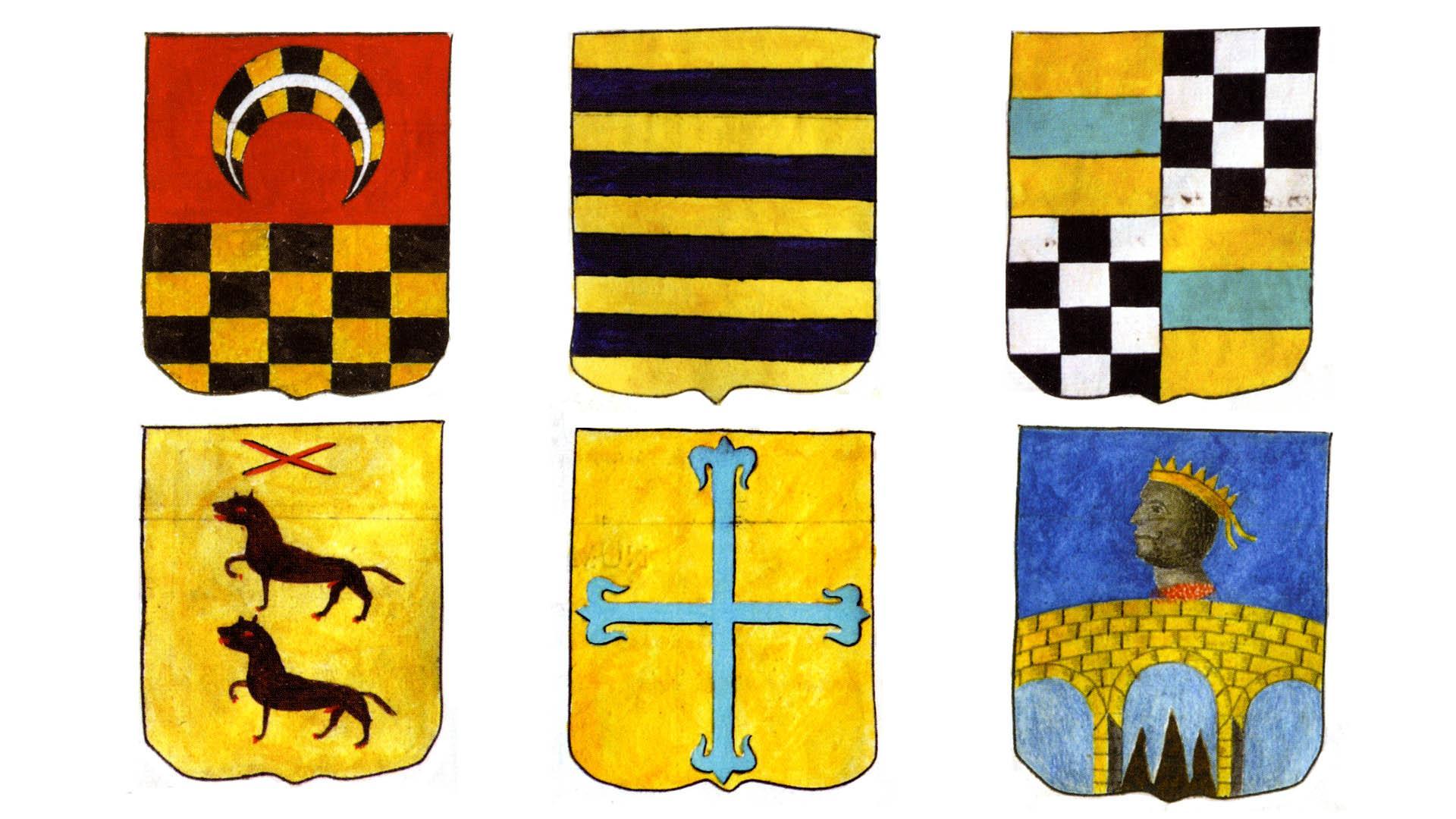 Primera fila, de izq. a dcha.: escudo de Borda, escudo de Burdaspal y escudo de Echebelz. Segunda fila, de izq. a dcha.: escudo de Iribas, escudo de Rada y escudo de Villoch