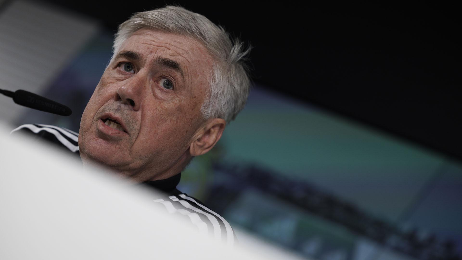Ancelotti, durante su rueda de prensa en Valdebebas