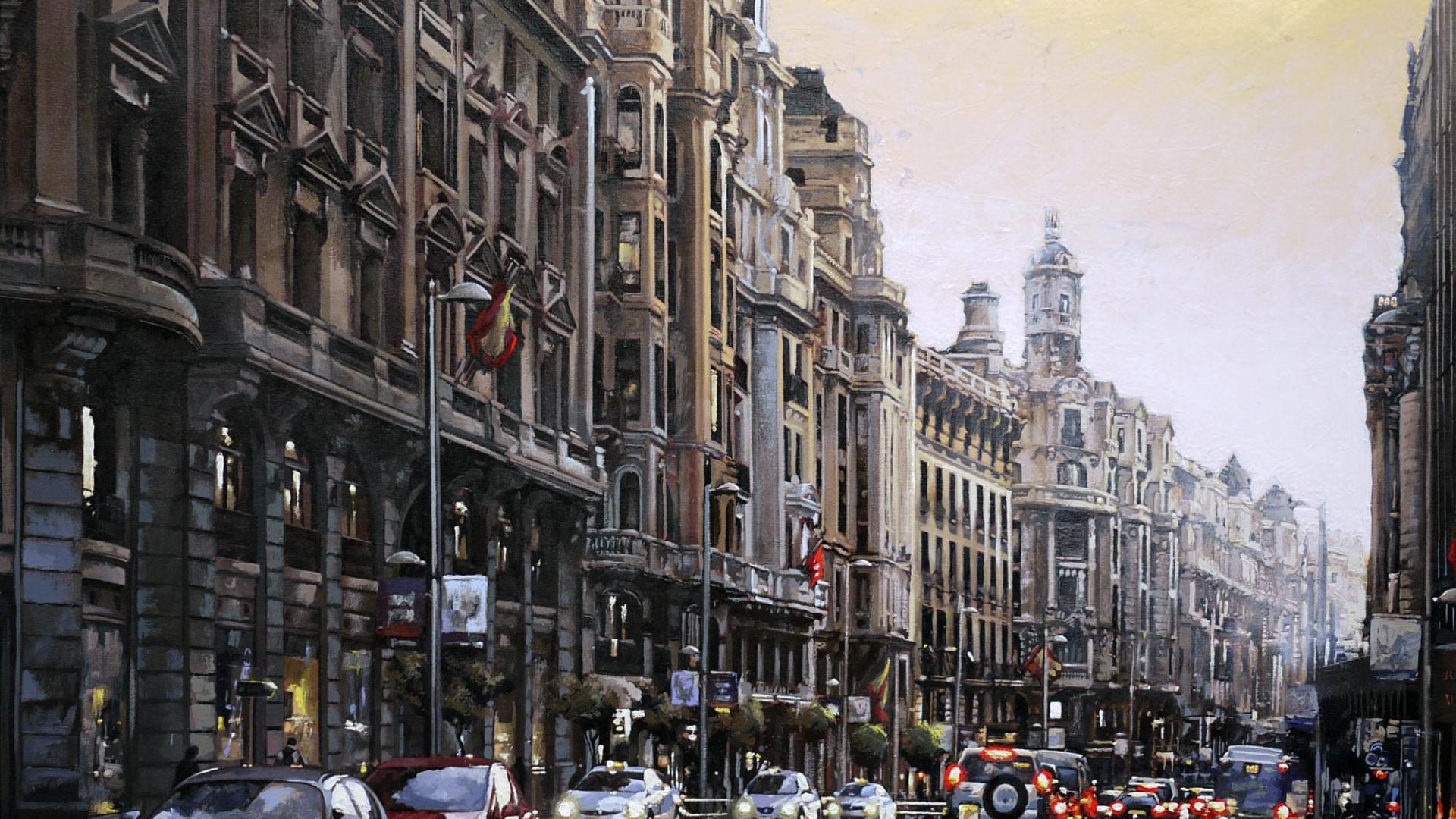 Amanecer en la Gran Vía de Madrid, una de las obras que presenta Raúl Gil en la exposición