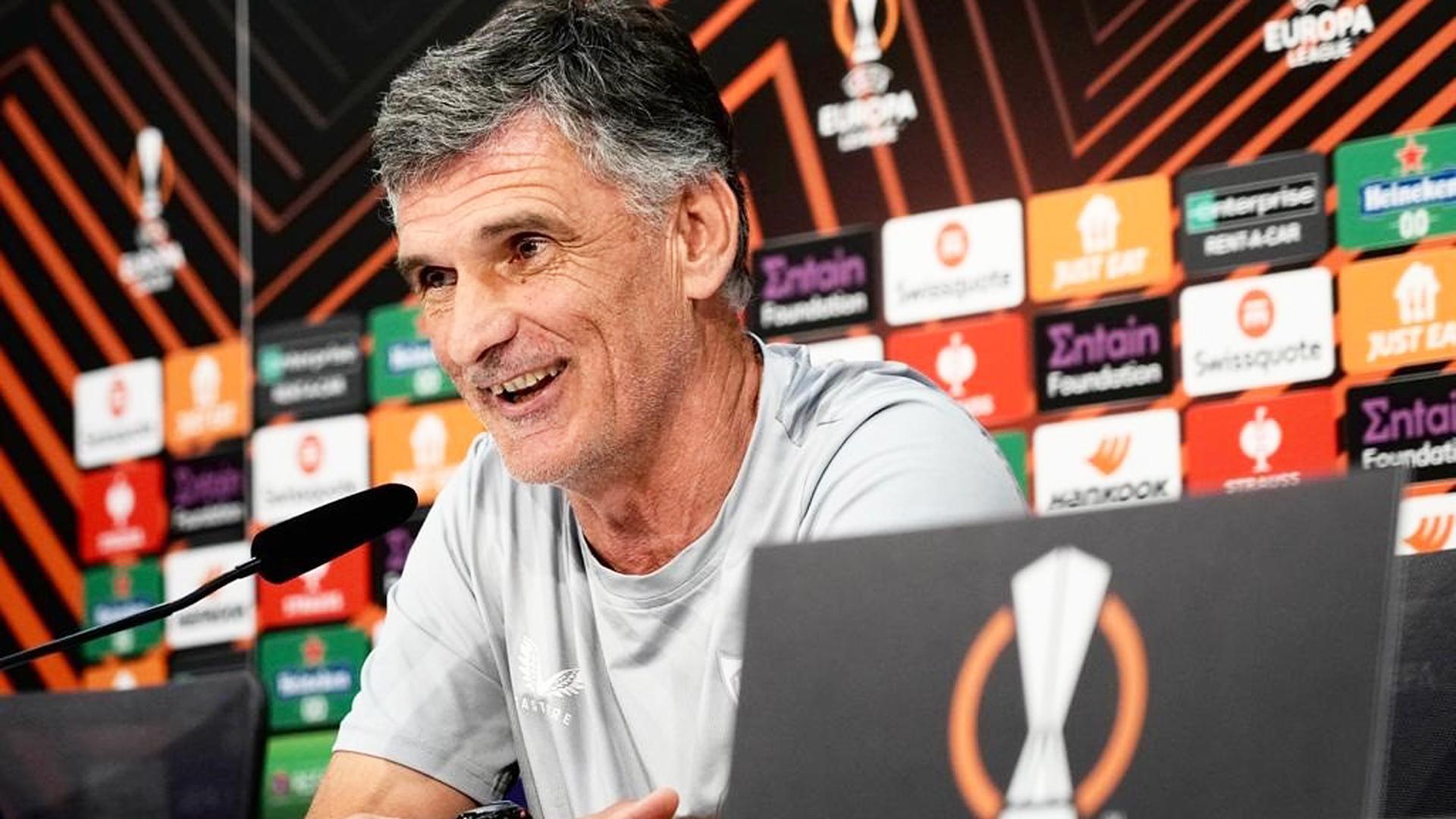 El entrenador del Sevilla FC, José Luis Mendilibar, en rueda de prensa de la Liga Europa.