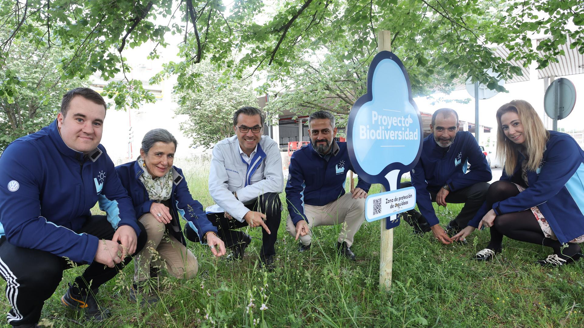 Parte del equipo de Think Blue. Factory. de Volkswagen Navarra. De izquierda a derecha, Jorge Espuelas, apoyo técnico de campo de Medio Ambiente; Ana Isabel Moreno, delegada de Medio Ambiente; Michael Hobusch, presidente de Volkswagen Navarra; Manuel Argüelles, jefe de Mantenimiento e Instalaciones; Antonio Mendía, jefe de Mantenimiento de Pintura, taller frente al que se encuentra la zona protegida; y Ana Sánchez, técnica de Comunicación, gestora de la información sobre el proyecto en la página de internet de Volkswagen Navarra