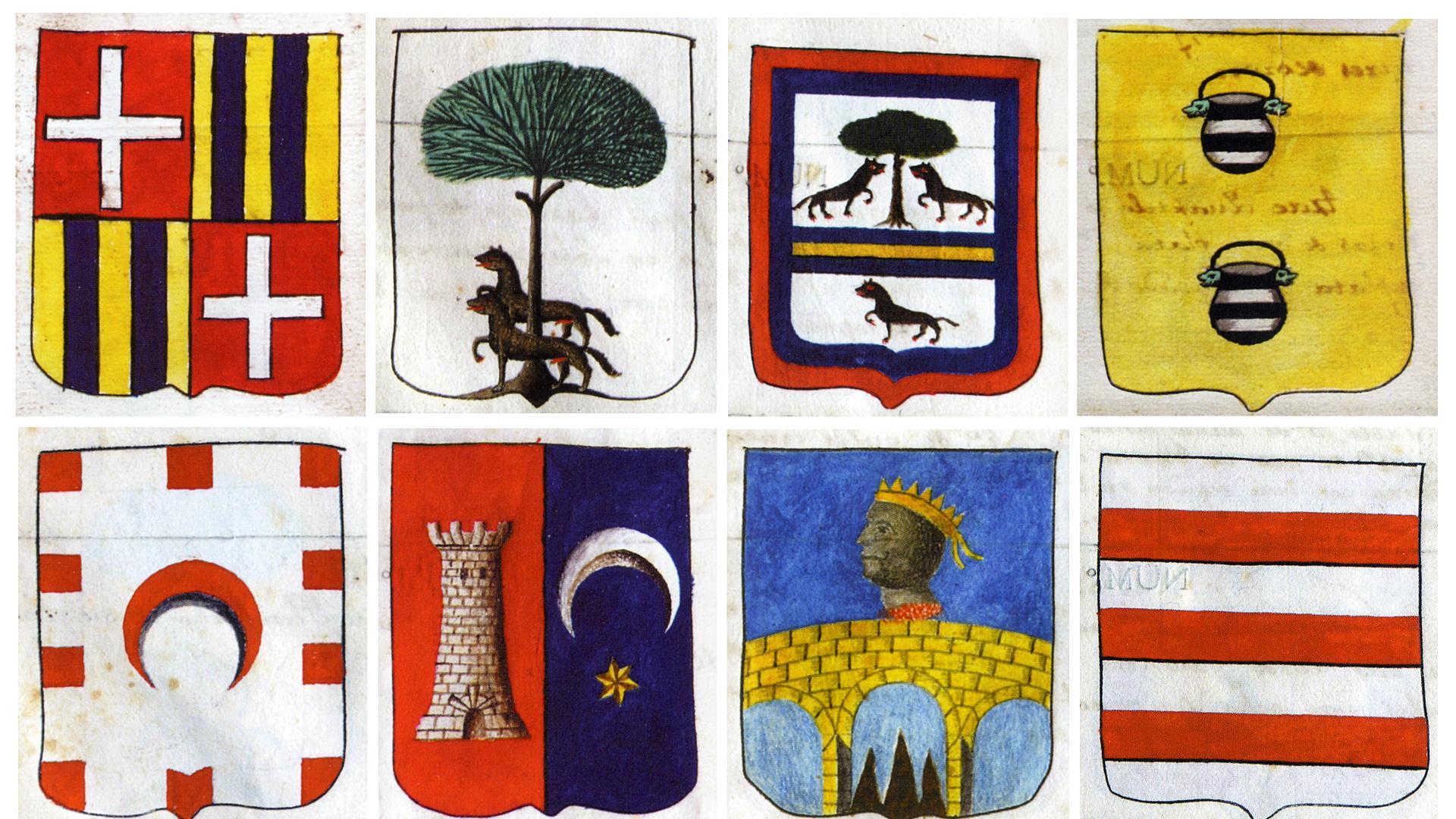 Escudos de la calle pamplonesa de San Antón. De izda. a dcha., arriba, Aldaz, Antoñana, Bayona y Echálaz. En la fila inferior, Echauri, Eguiarreta, Gayarre y Huici